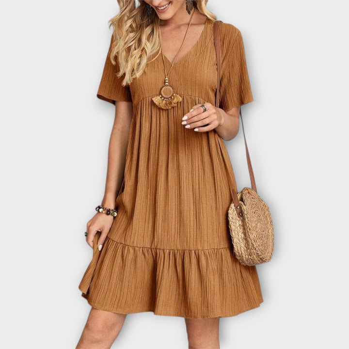 Summer Boho Dress with Pleats and Short Sleeve