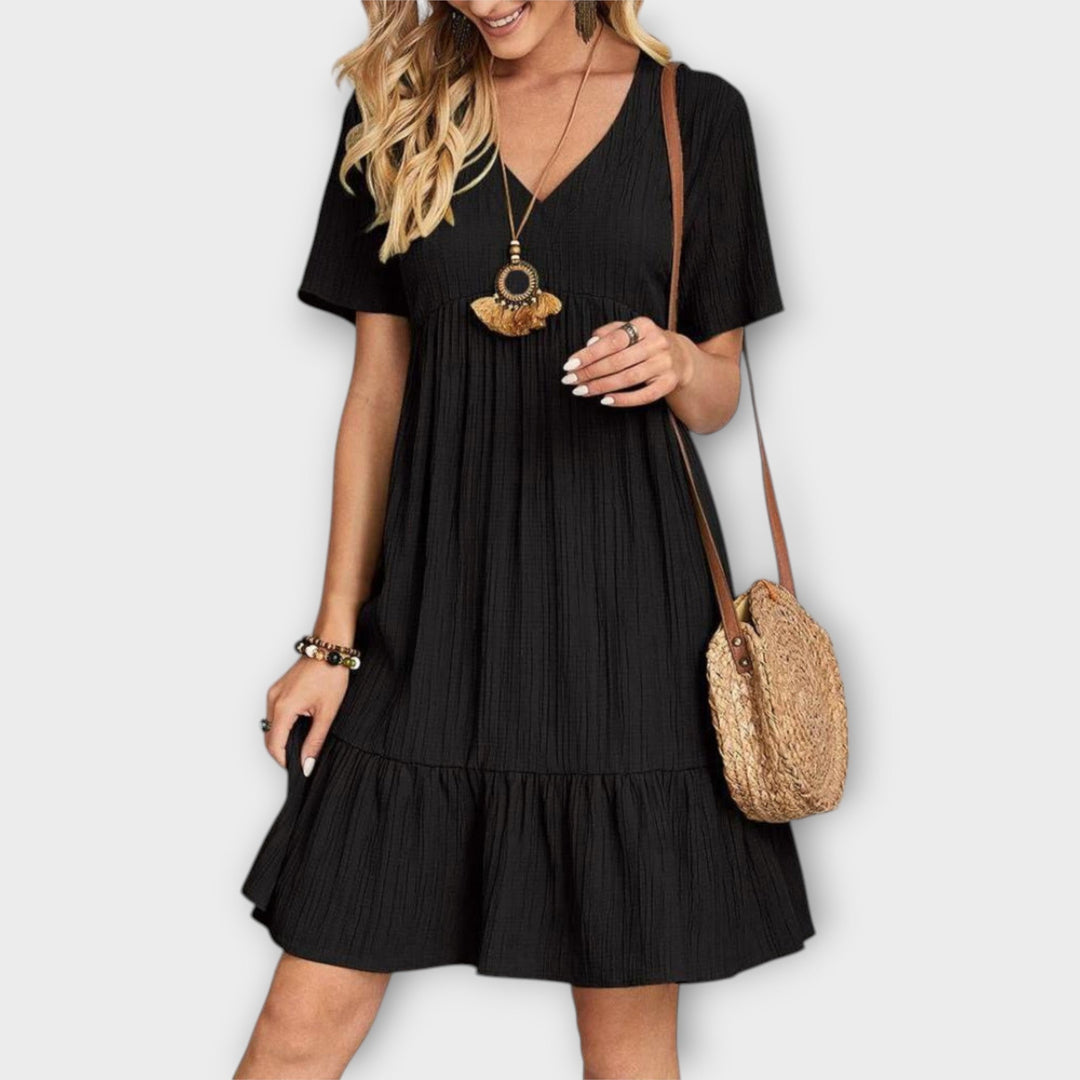 Summer Boho Dress with Pleats and Short Sleeve