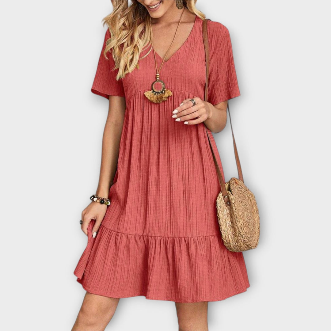 Summer Boho Dress with Pleats and Short Sleeve