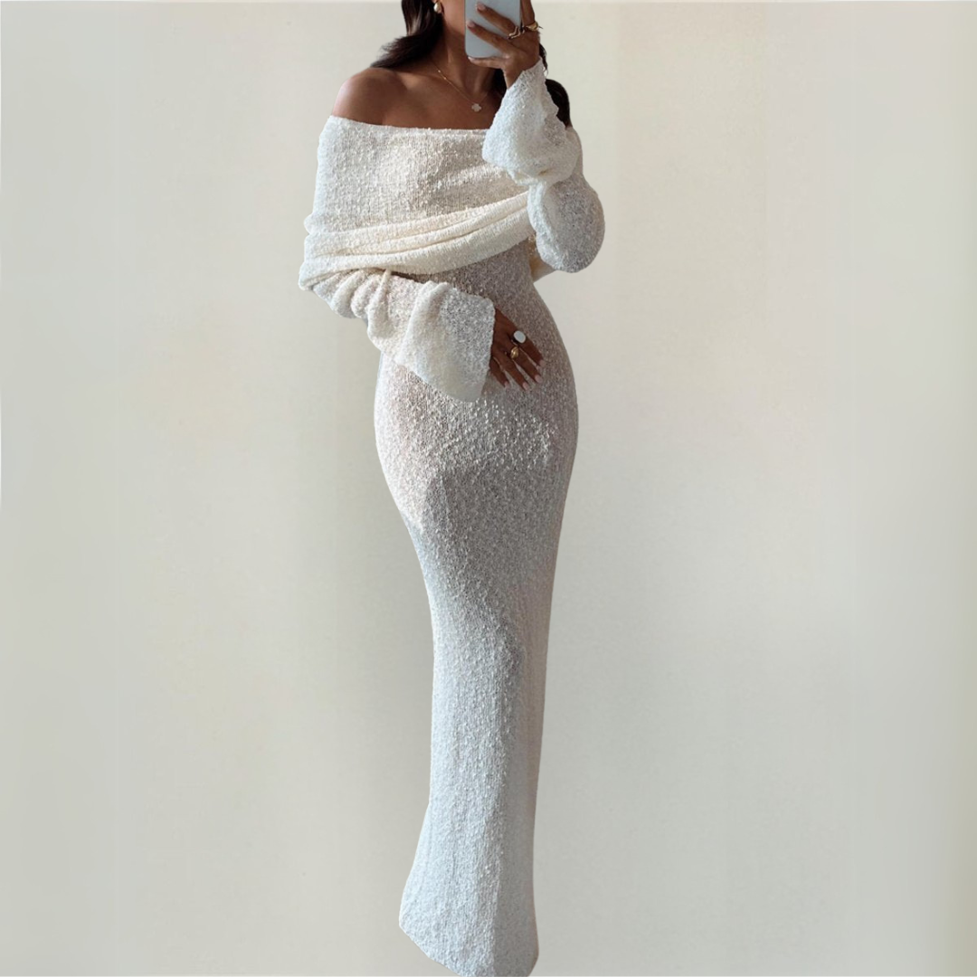 Sandstone Off-Shoulder Knit Dress
