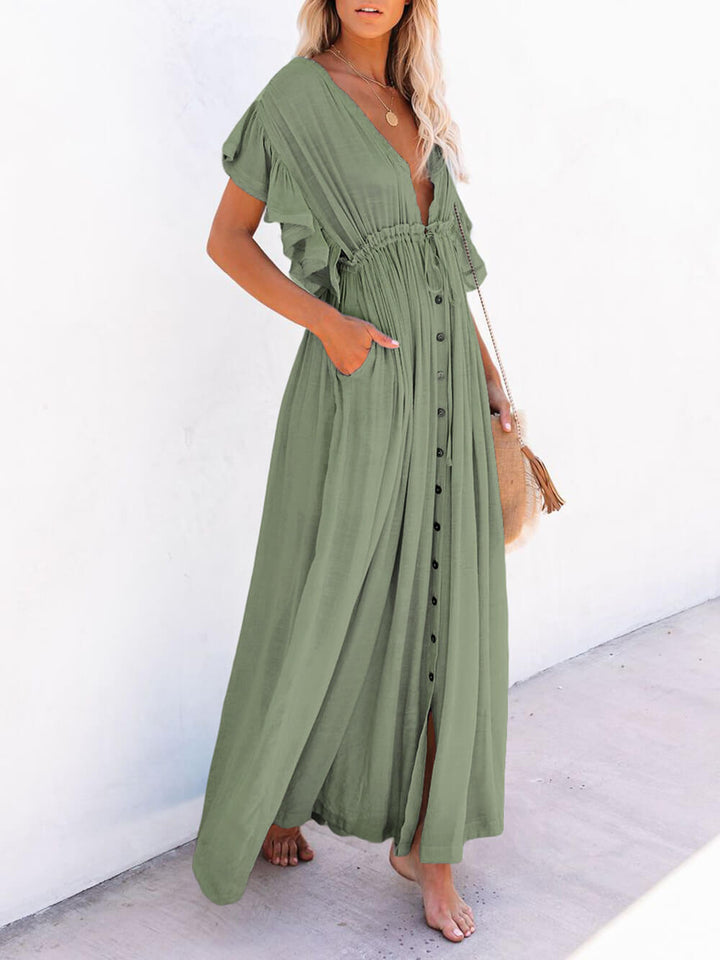 Buttoned Cotton Linen Perfect Boho Maxi Beach Dress