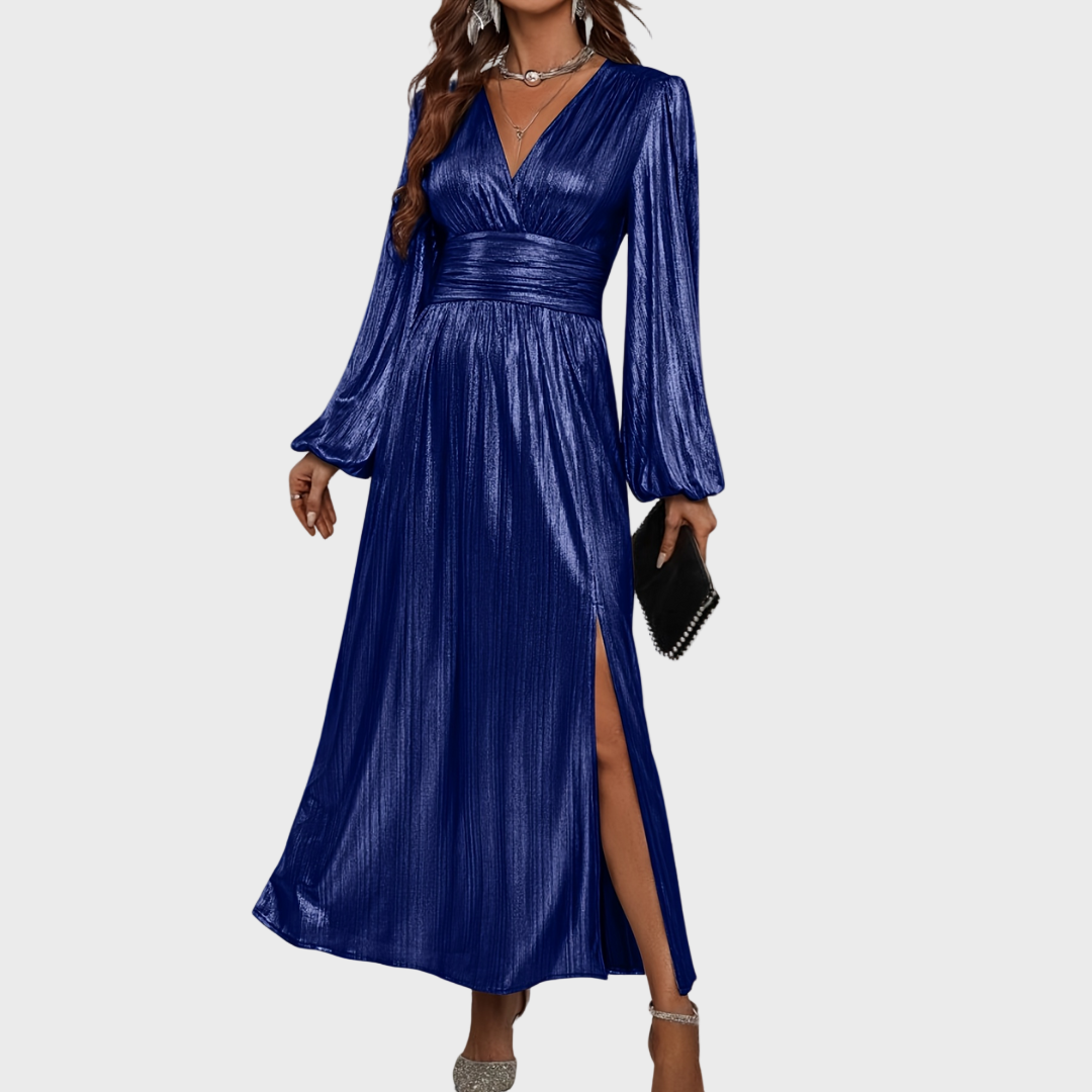 Metallic Long Sleeve Evening Dress