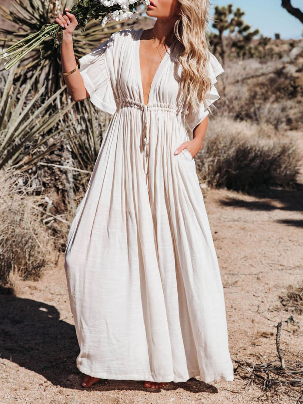 Buttoned Cotton Linen Perfect Boho Maxi Beach Dress