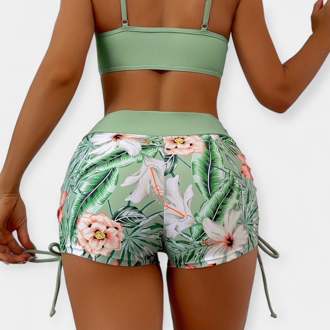 High-Waisted Bikini with Tropical Patterns
