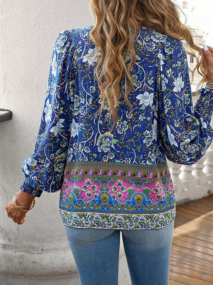Boho Floral Lace-Up Blouse