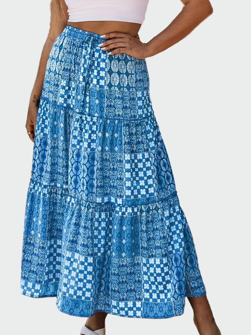 Blue Patchwork Boho Maxi Skirt