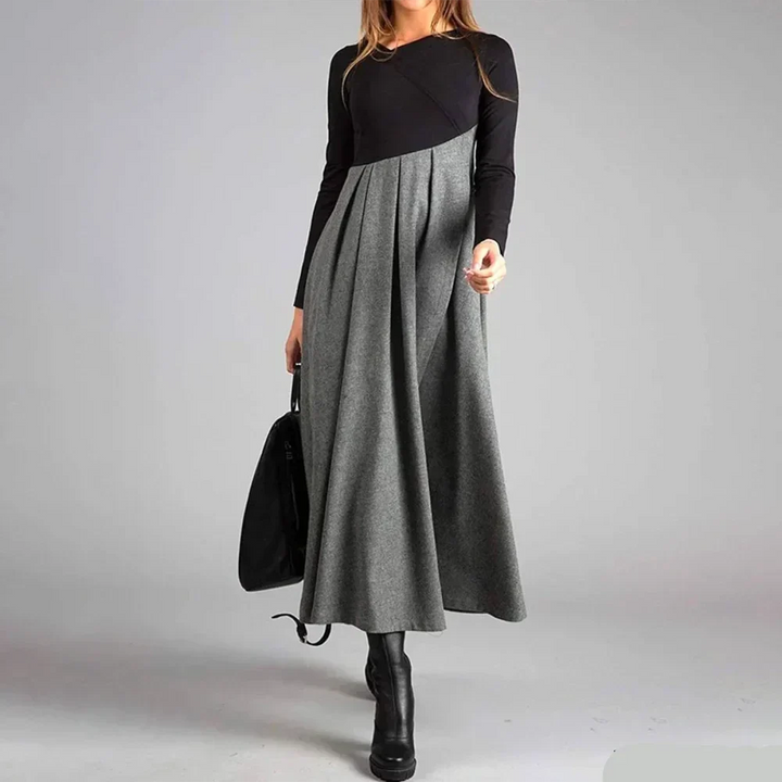 Two-Tone Pleated A-Line Maxi Dress