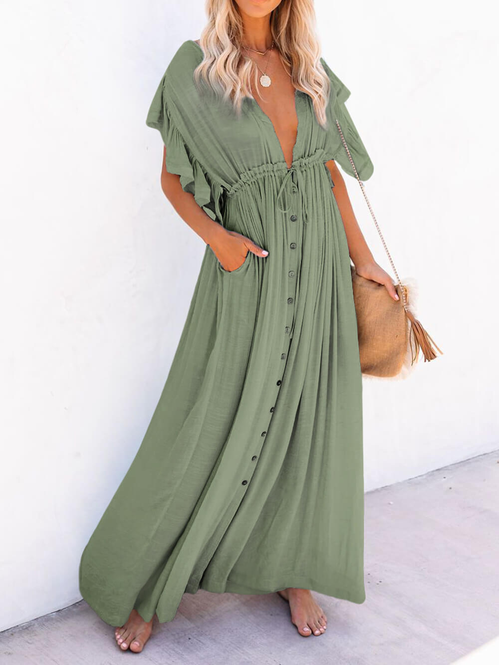 Buttoned Cotton Linen Perfect Boho Maxi Beach Dress