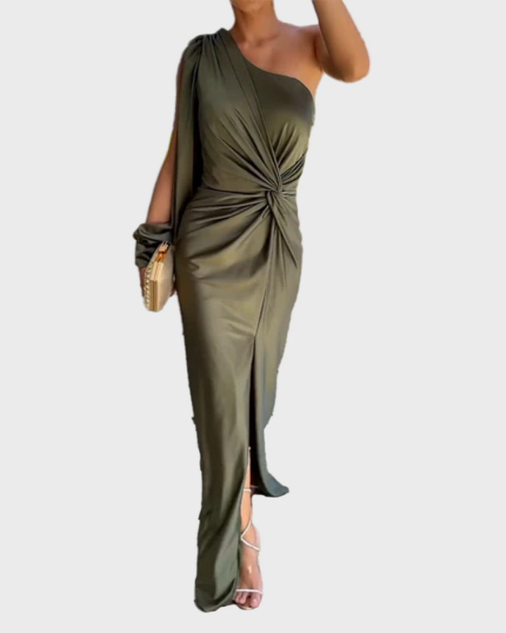 Olive Green One-Shoulder Draped Dress