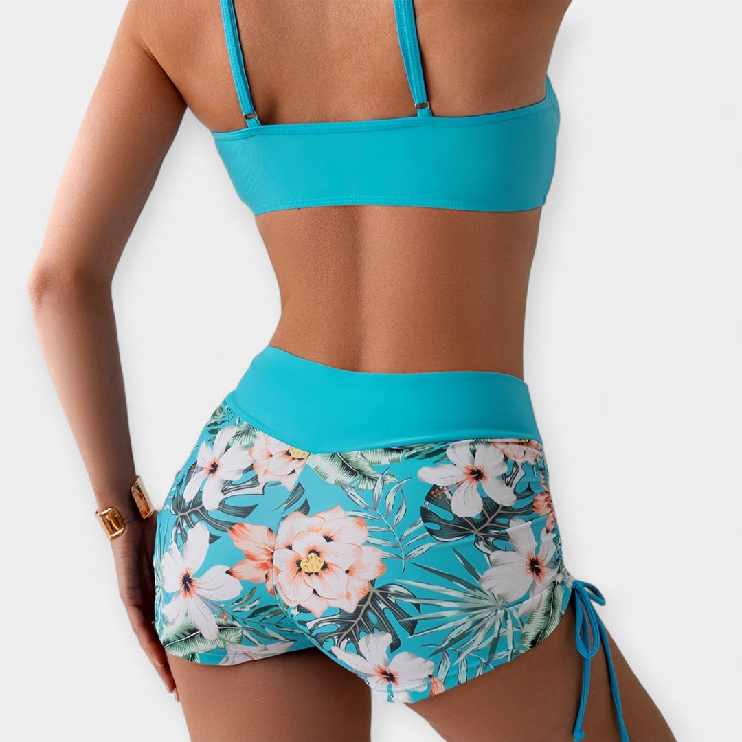 High-Waisted Bikini with Tropical Patterns