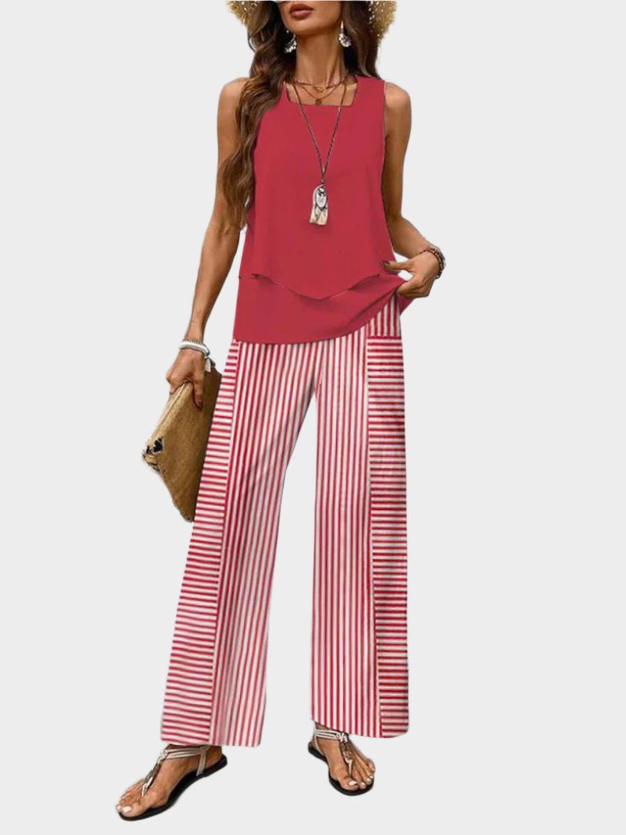 Summer Set with Sleeveless Top and Leaf-Printed Pants