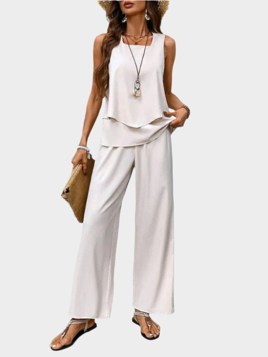 Summer Set with Sleeveless Top and Leaf-Printed Pants