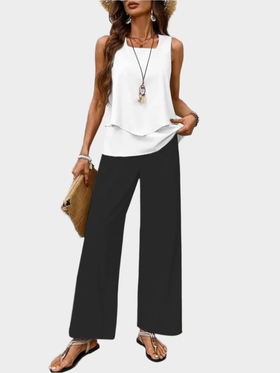 Summer Set with Sleeveless Top and Leaf-Printed Pants
