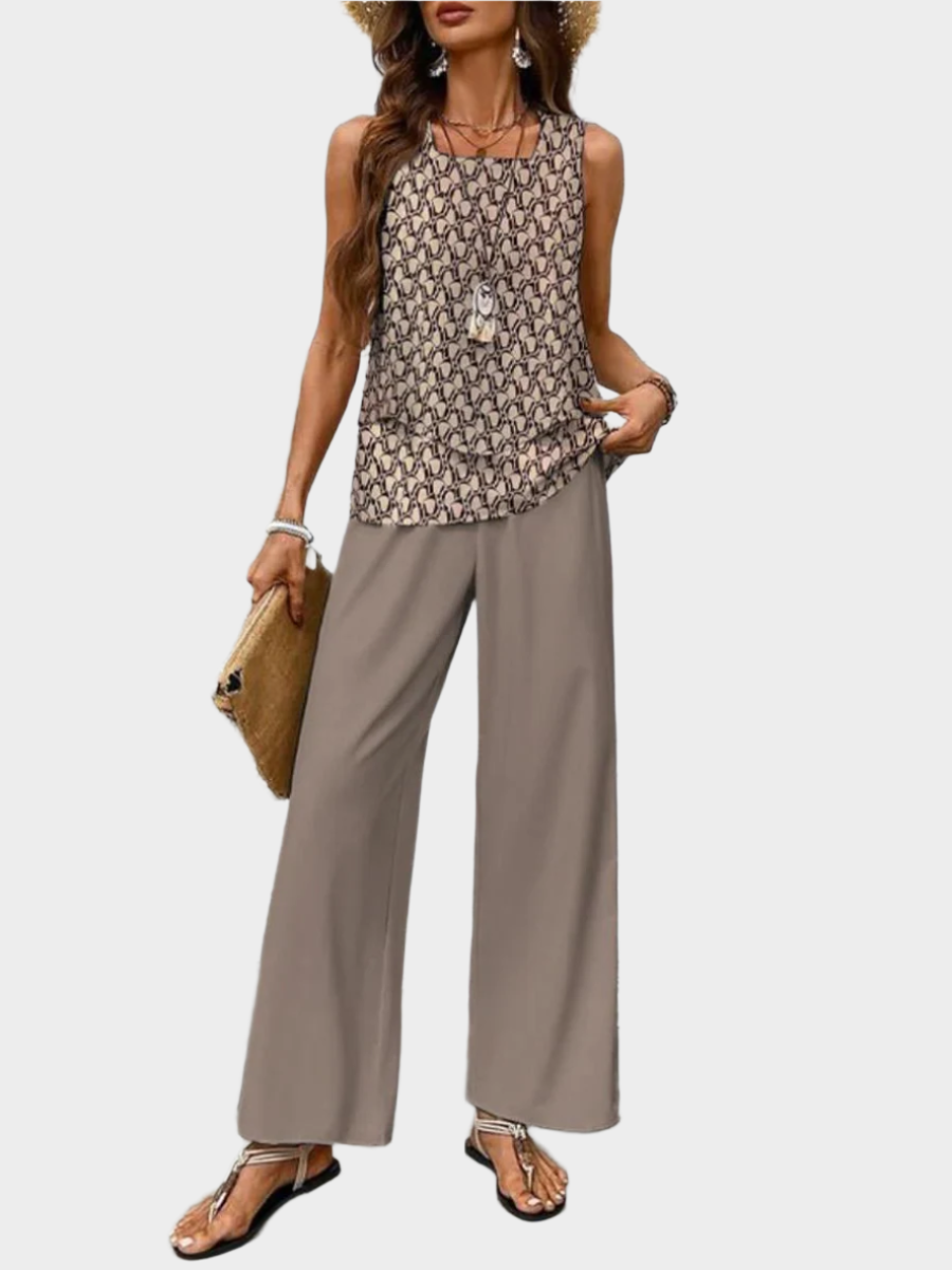 Summer Set with Sleeveless Top and Leaf-Printed Pants