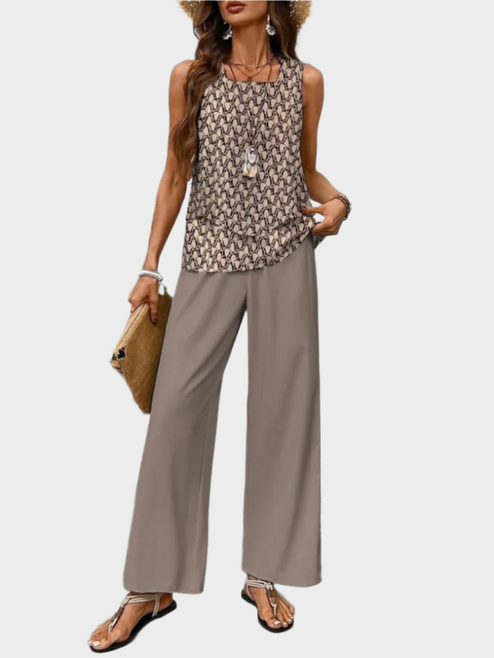 Summer Set with Sleeveless Top and Leaf-Printed Pants