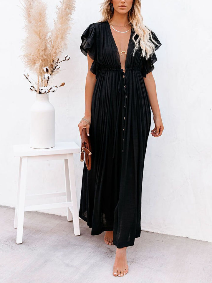 Buttoned Cotton Linen Perfect Boho Maxi Beach Dress