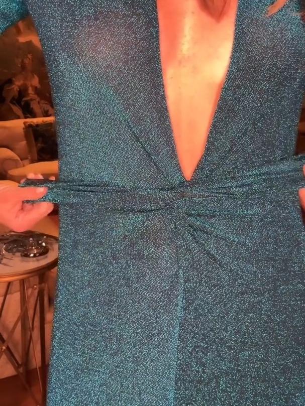 Blue Lurex Long Dress with Deep V-Neck