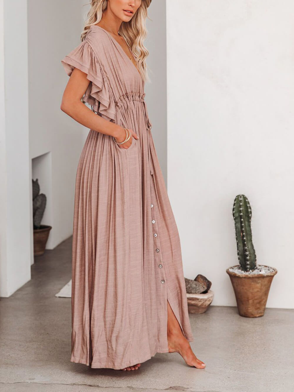 Buttoned Cotton Linen Perfect Boho Maxi Beach Dress