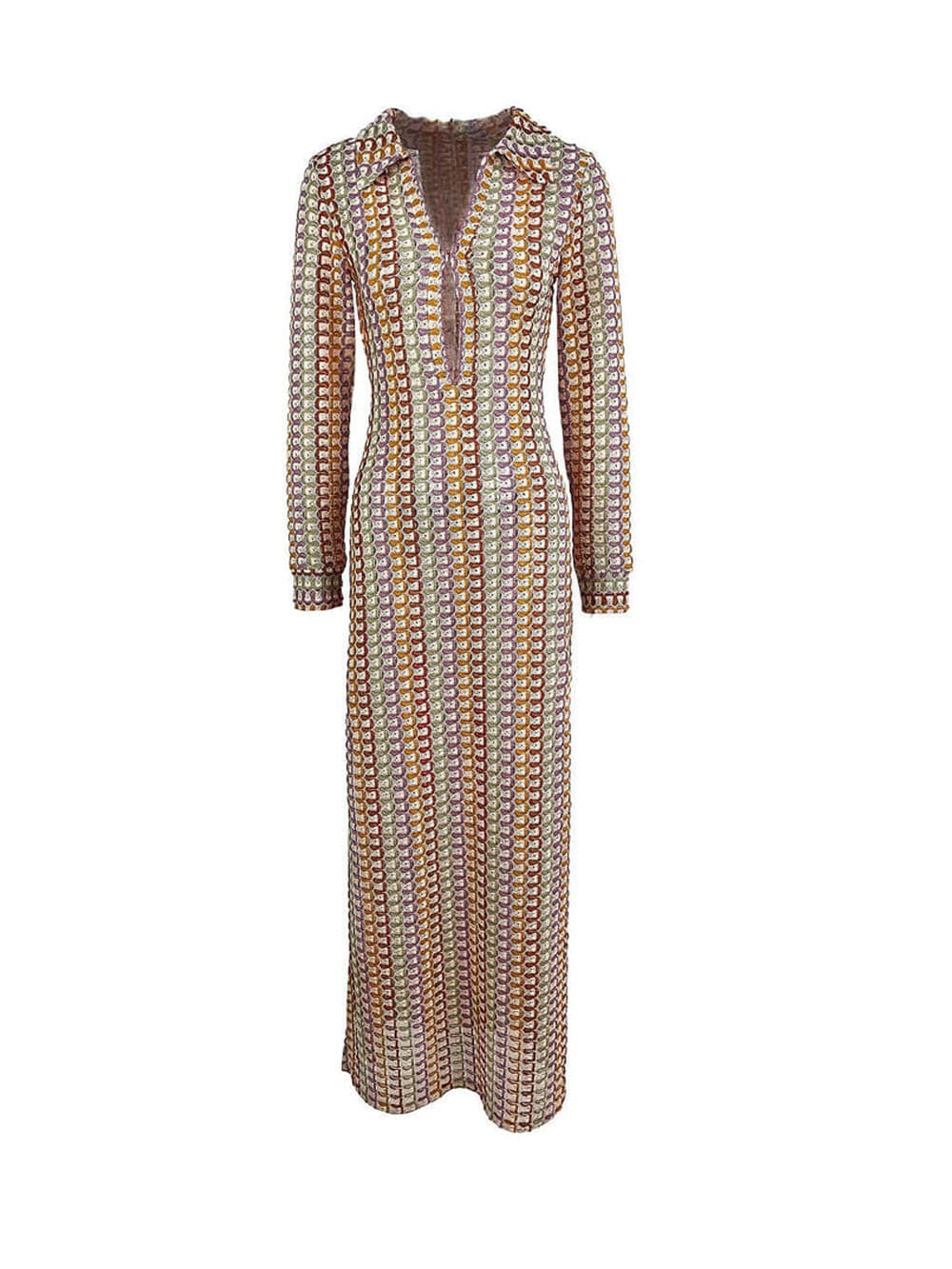 Boho V-neck Collar Ruffled Striped Crochet Beach Vacation Maxi Dress - Brown