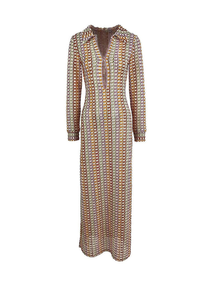 Boho V-neck Collar Ruffled Striped Crochet Beach Vacation Maxi Dress - Brown