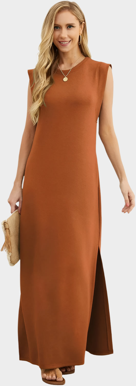 2025 Women Year-Round Casual Round Neck Loose Split Wrinkle-Free Long Maxi Vacation Dress with Pockets