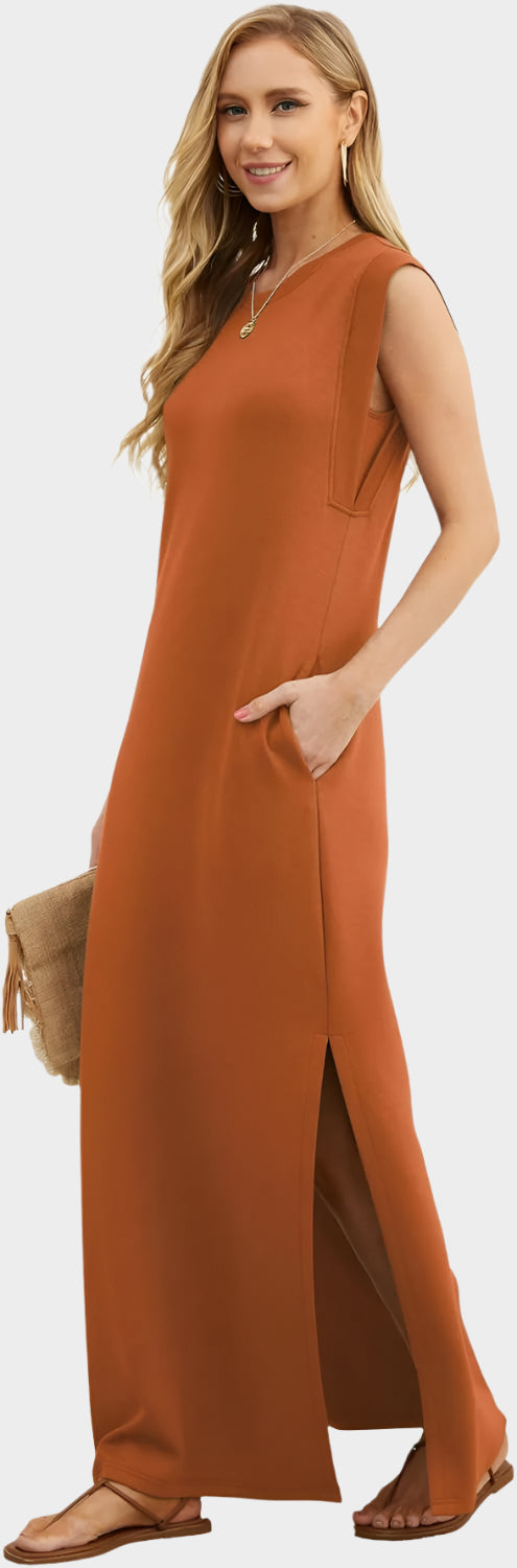 2025 Women Year-Round Casual Round Neck Loose Split Wrinkle-Free Long Maxi Vacation Dress with Pockets