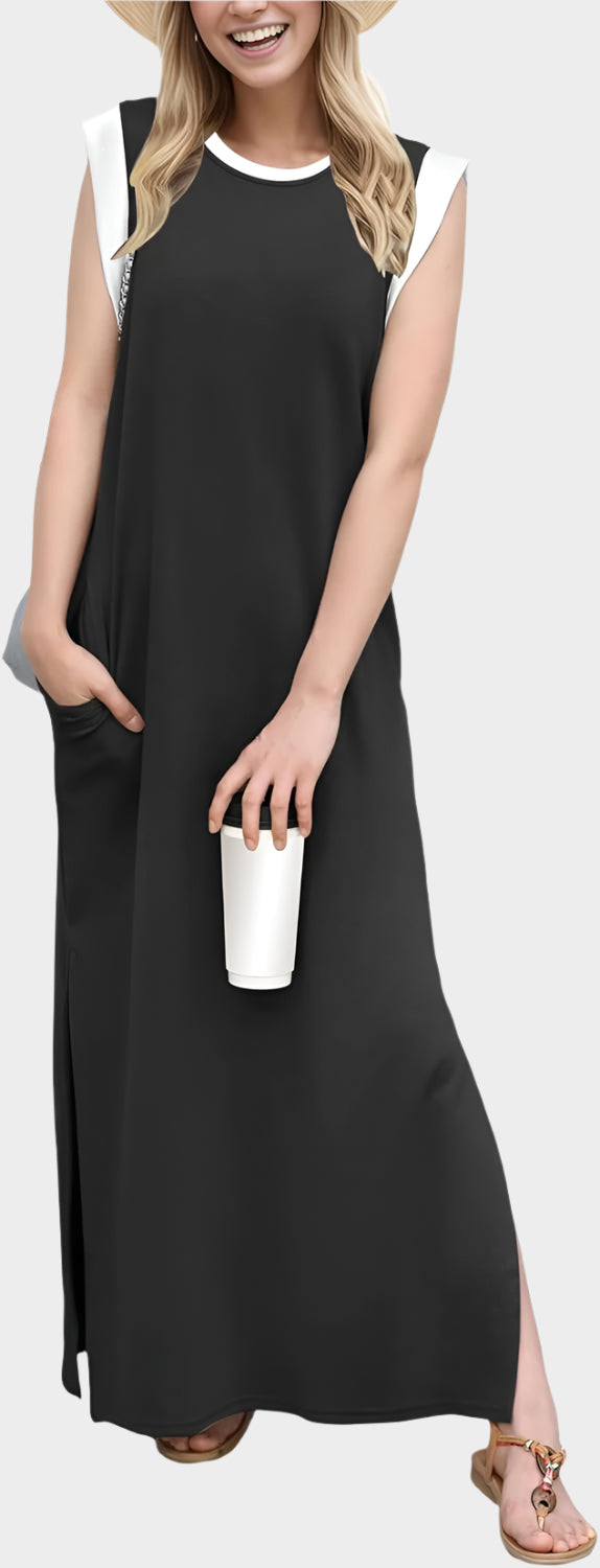 2025 Women Year-Round Casual Round Neck Loose Split Wrinkle-Free Long Maxi Vacation Dress with Pockets