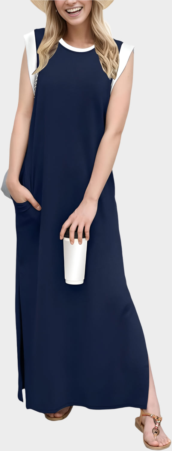 2025 Women Year-Round Casual Round Neck Loose Split Wrinkle-Free Long Maxi Vacation Dress with Pockets
