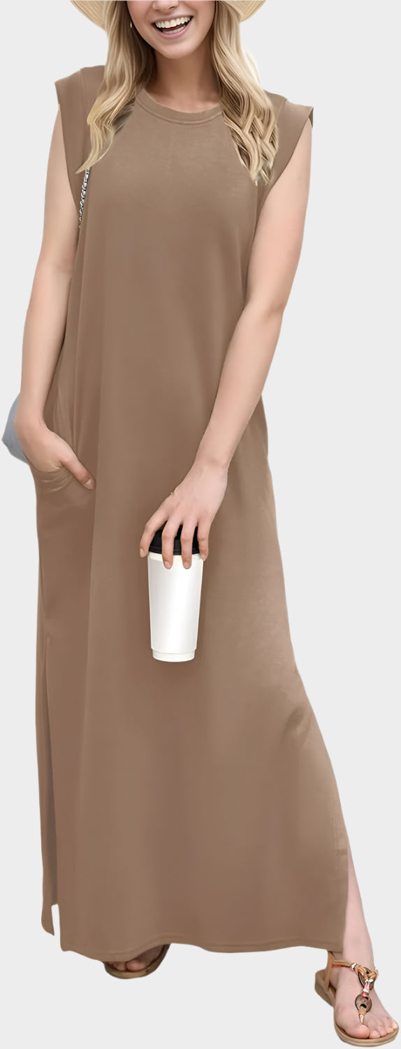 2025 Women Year-Round Casual Round Neck Loose Split Wrinkle-Free Long Maxi Vacation Dress with Pockets