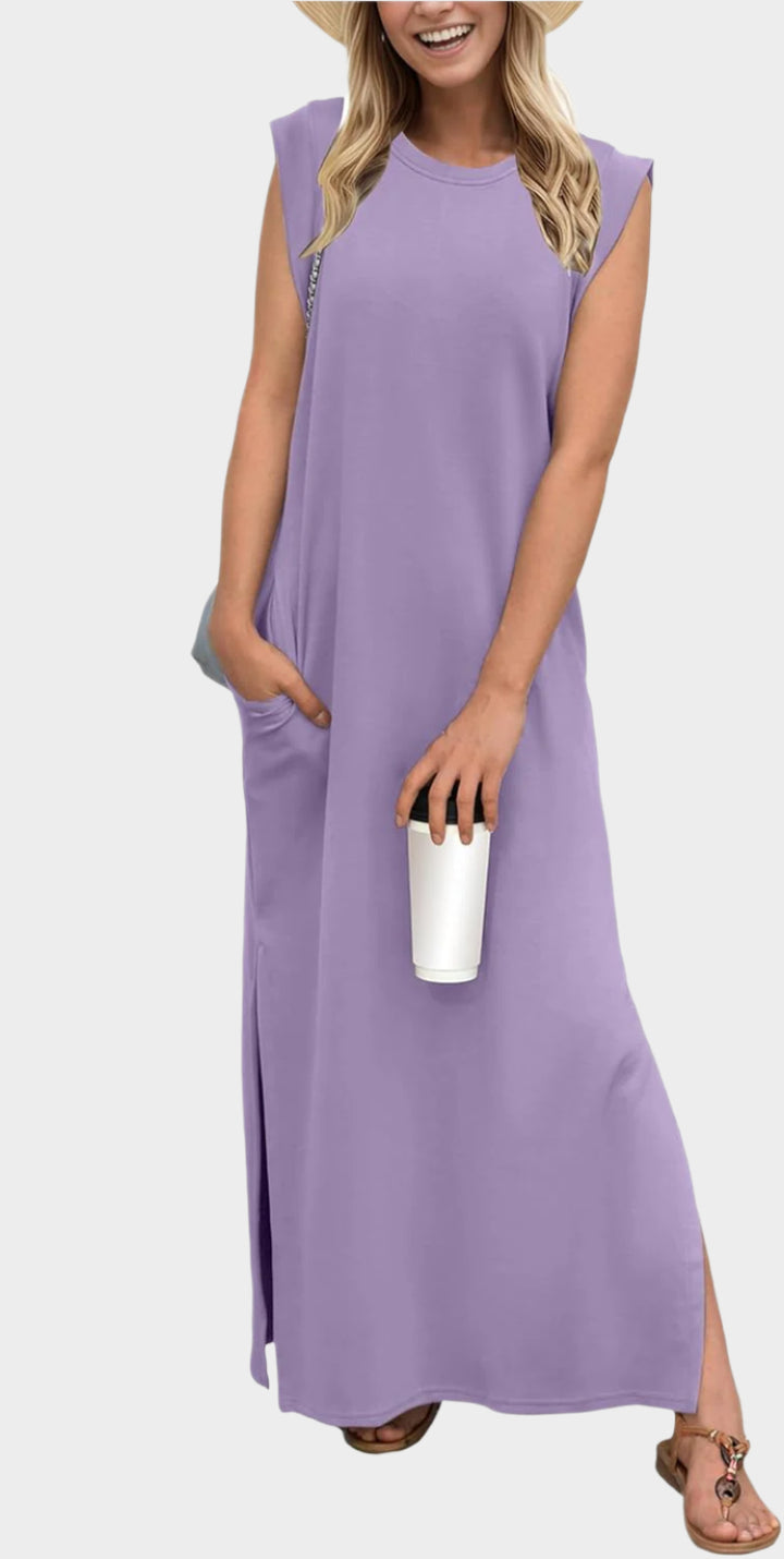 2025 Women Year-Round Casual Round Neck Loose Split Wrinkle-Free Long Maxi Vacation Dress with Pockets