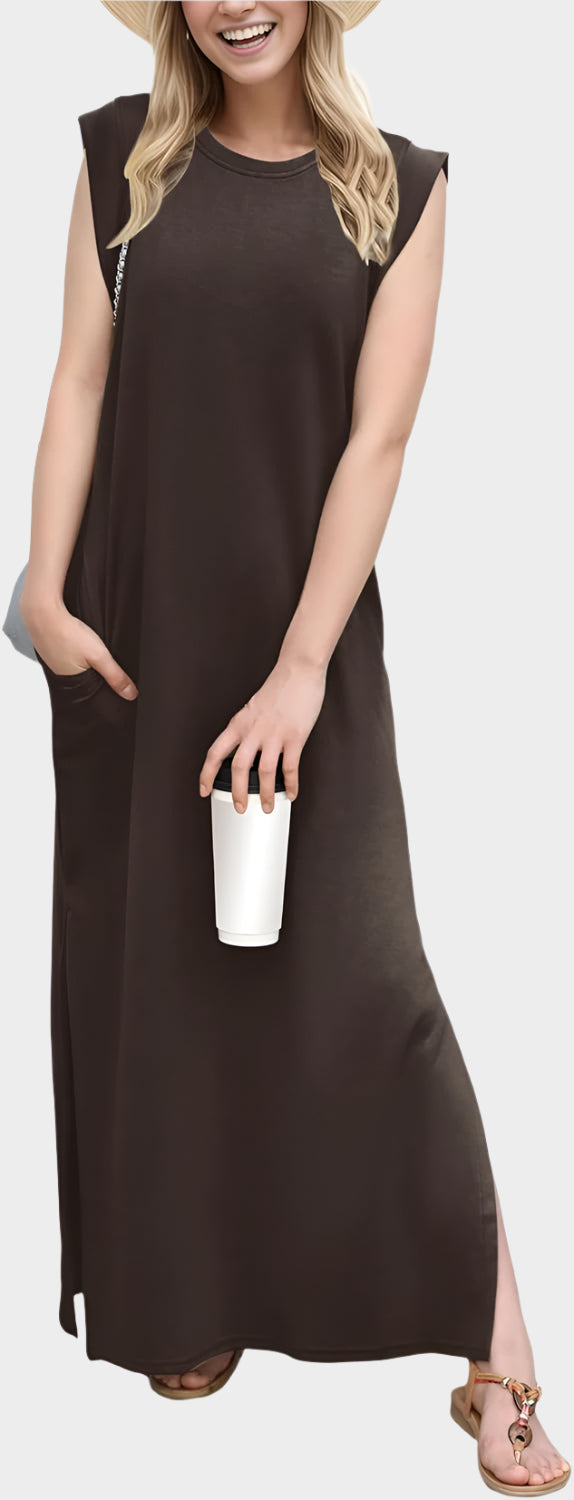 2025 Women Year-Round Casual Round Neck Loose Split Wrinkle-Free Long Maxi Vacation Dress with Pockets