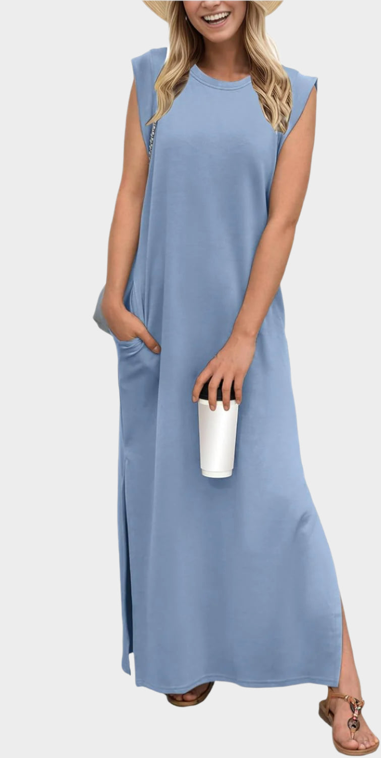 2025 Women Year-Round Casual Round Neck Loose Split Wrinkle-Free Long Maxi Vacation Dress with Pockets