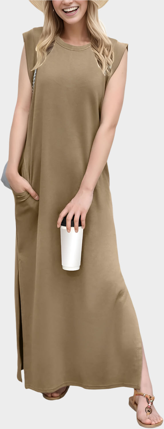 2025 Women Year-Round Casual Round Neck Loose Split Wrinkle-Free Long Maxi Vacation Dress with Pockets