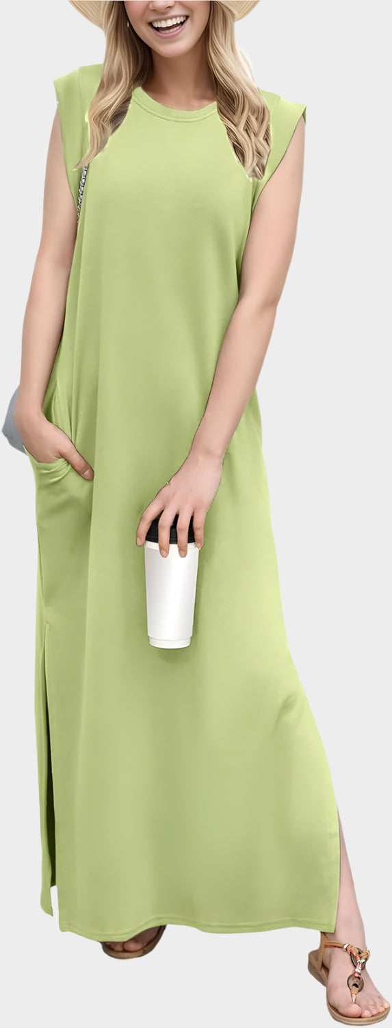 2025 Women Year-Round Casual Round Neck Loose Split Wrinkle-Free Long Maxi Vacation Dress with Pockets