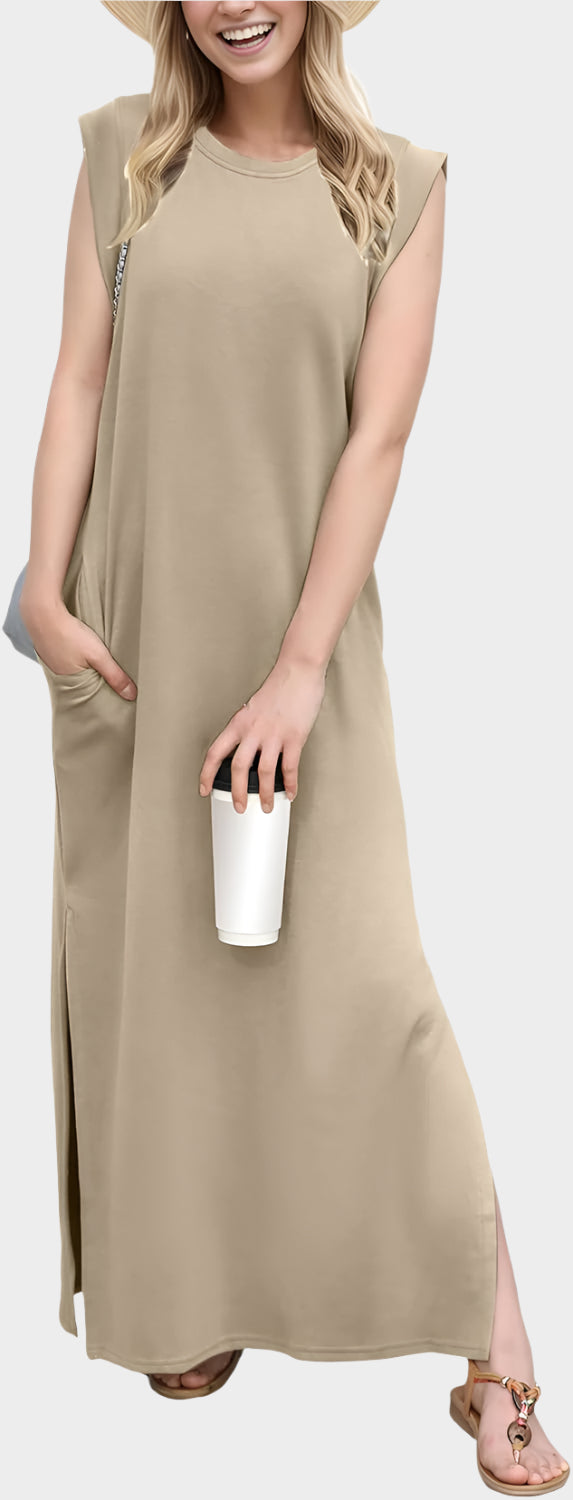 2025 Women Year-Round Casual Round Neck Loose Split Wrinkle-Free Long Maxi Vacation Dress with Pockets