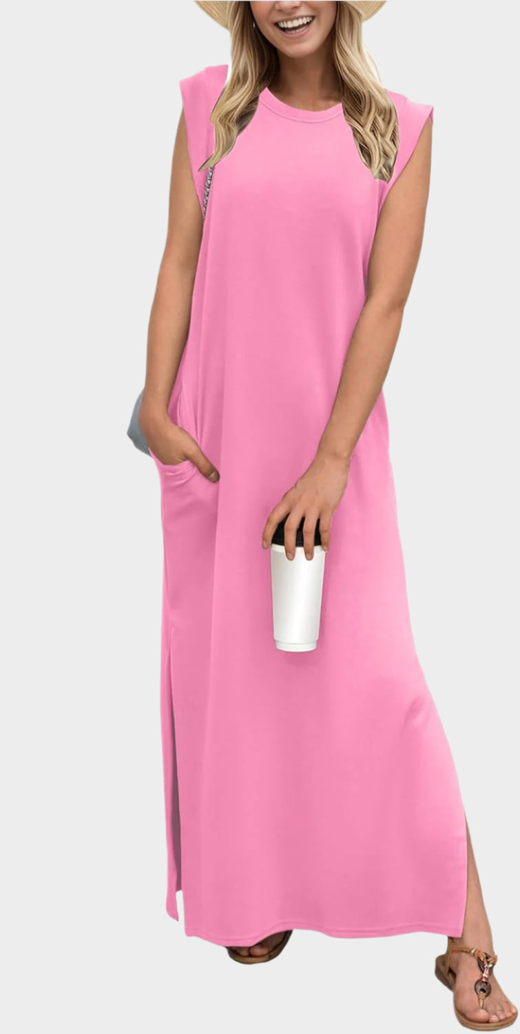 2025 Women Year-Round Casual Round Neck Loose Split Wrinkle-Free Long Maxi Vacation Dress with Pockets