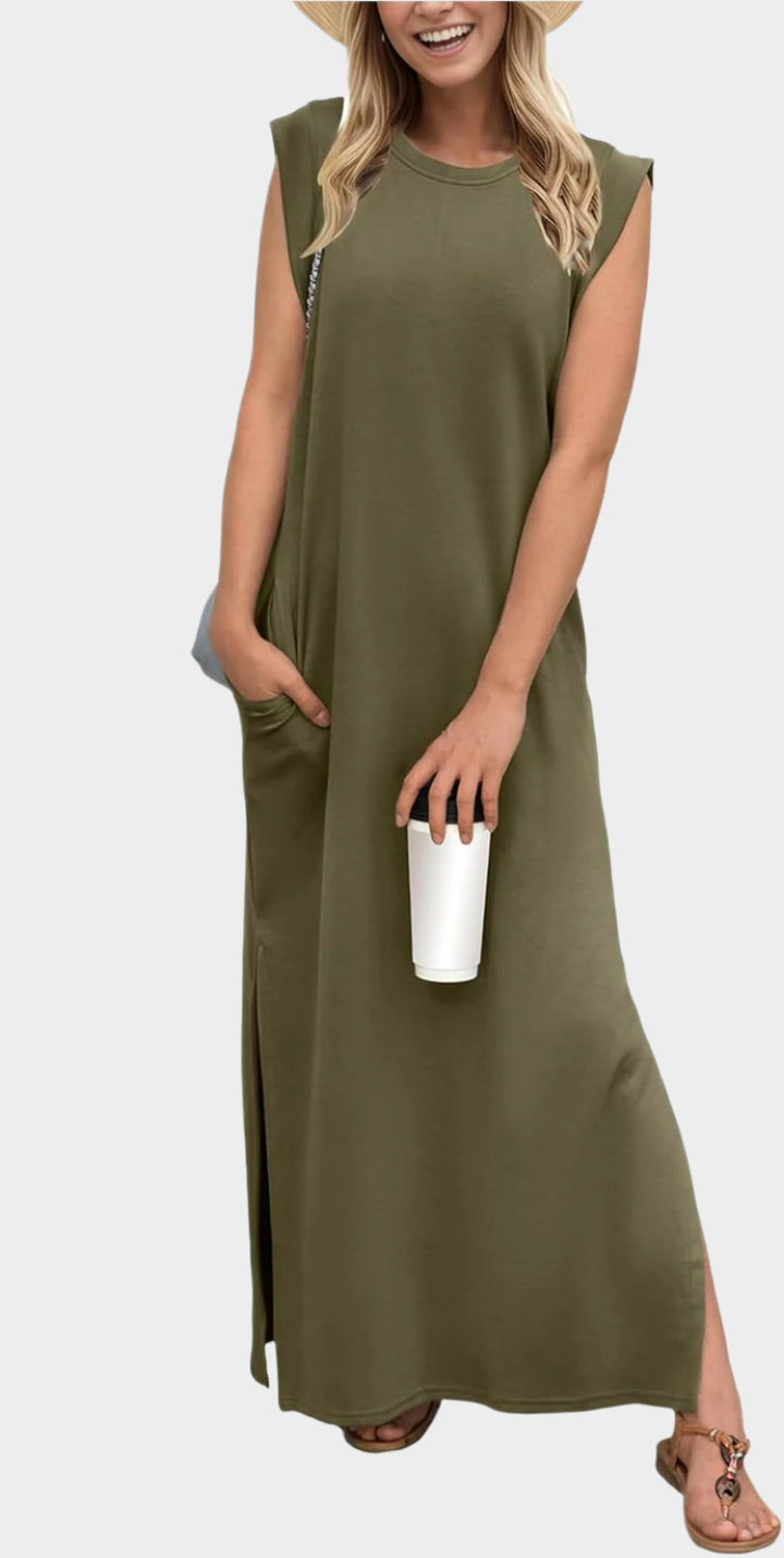 2025 Women Year-Round Casual Round Neck Loose Split Wrinkle-Free Long Maxi Vacation Dress with Pockets