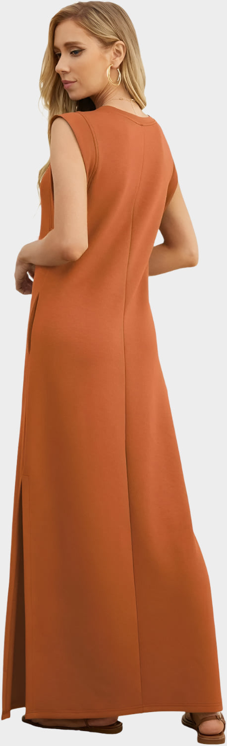 2025 Women Year-Round Casual Round Neck Loose Split Wrinkle-Free Long Maxi Vacation Dress with Pockets