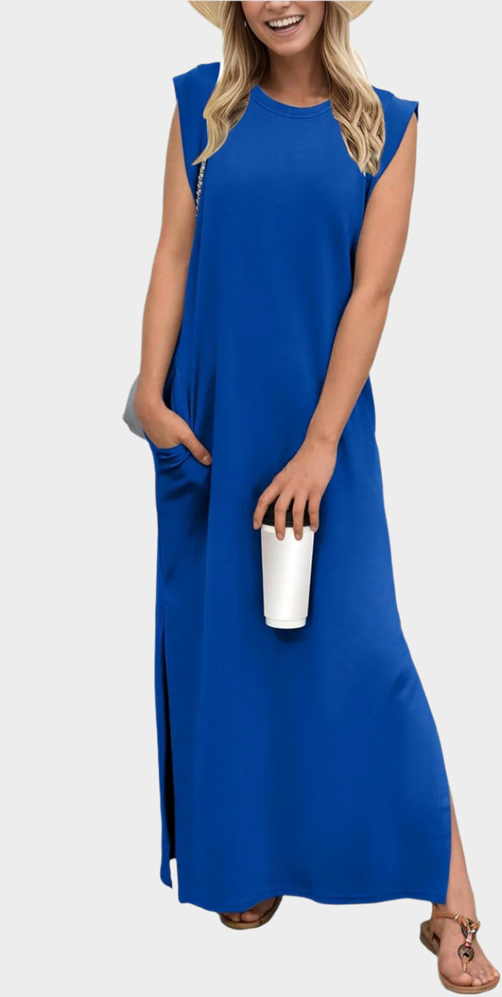 2025 Women Year-Round Casual Round Neck Loose Split Wrinkle-Free Long Maxi Vacation Dress with Pockets