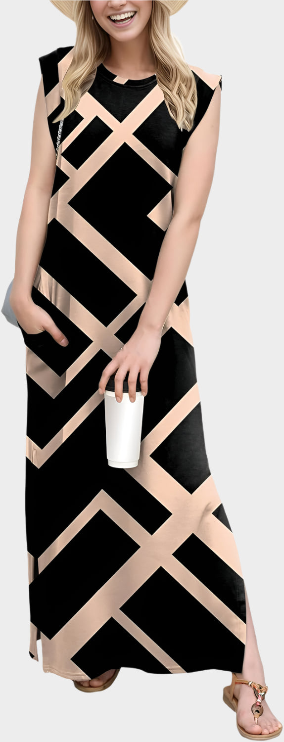 2025 Women Year-Round Casual Round Neck Loose Split Wrinkle-Free Long Maxi Vacation Dress with Pockets