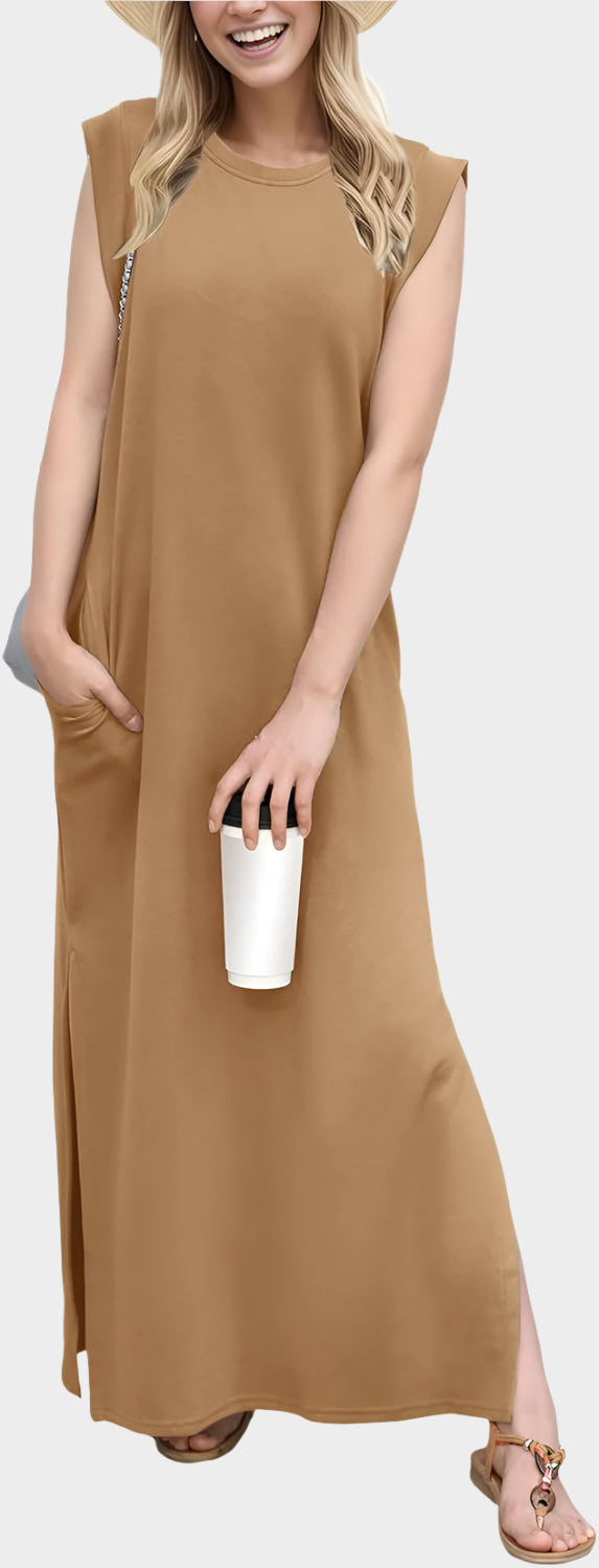 2025 Women Year-Round Casual Round Neck Loose Split Wrinkle-Free Long Maxi Vacation Dress with Pockets
