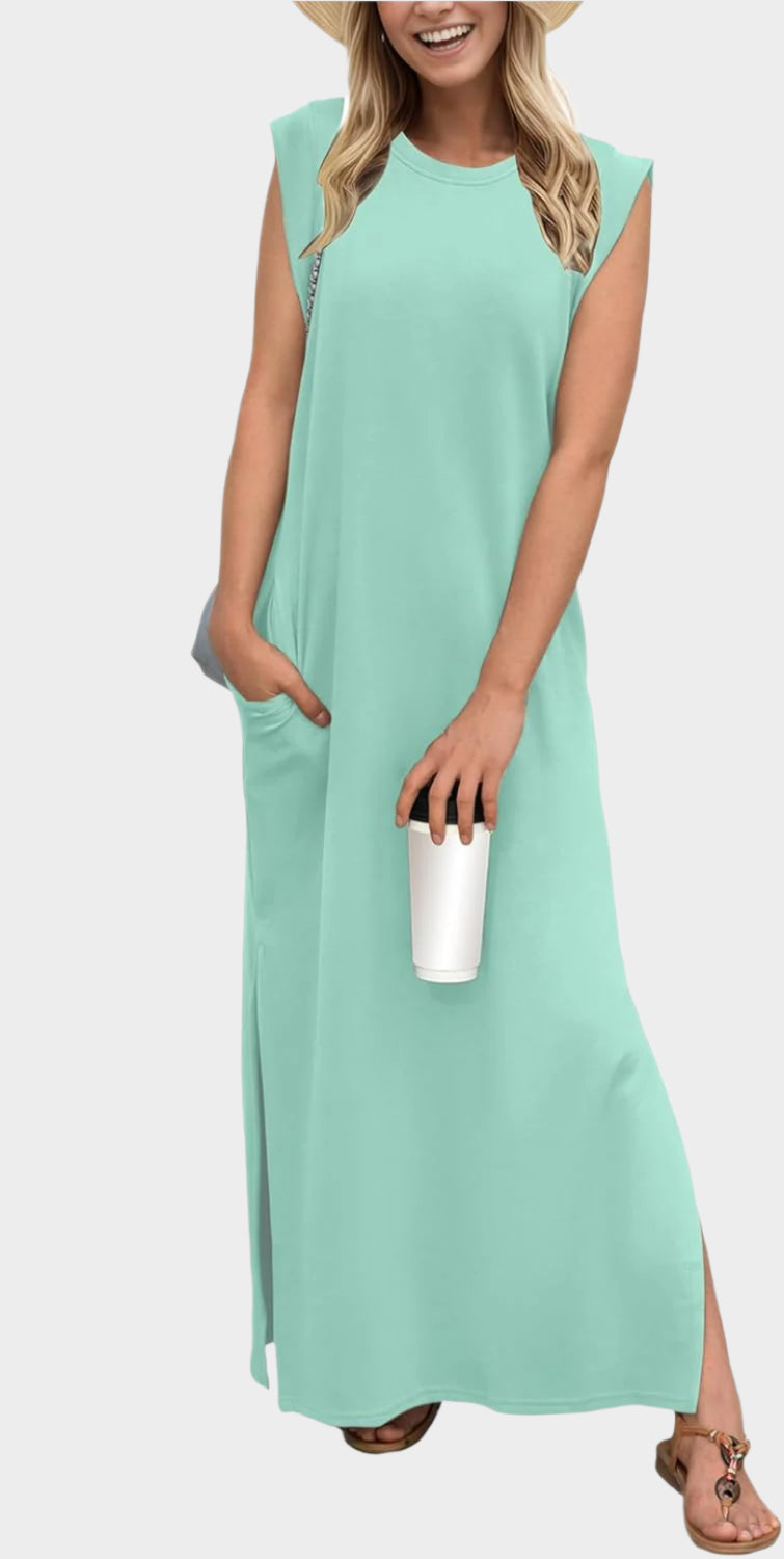 2025 Women Year-Round Casual Round Neck Loose Split Wrinkle-Free Long Maxi Vacation Dress with Pockets