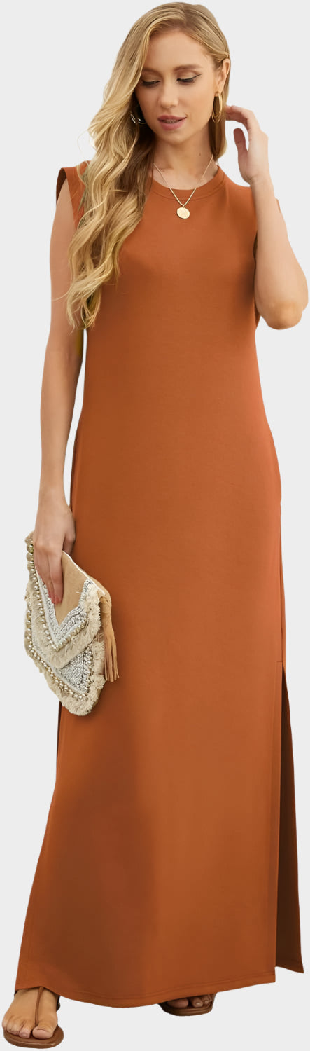 2025 Women Year-Round Casual Round Neck Loose Split Wrinkle-Free Long Maxi Vacation Dress with Pockets