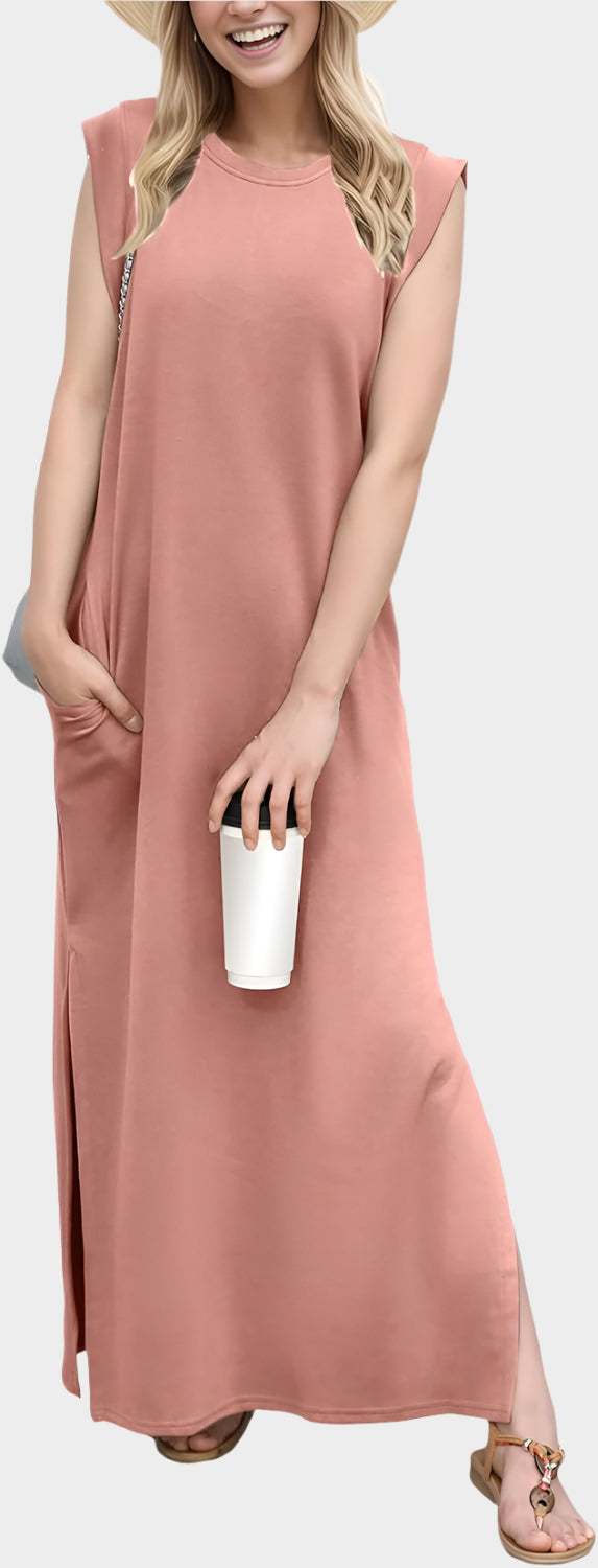2025 Women Year-Round Casual Round Neck Loose Split Wrinkle-Free Long Maxi Vacation Dress with Pockets