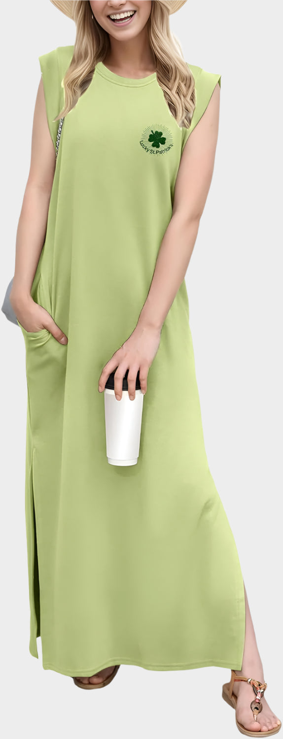 2025 Women Year-Round Casual Round Neck Loose Split Wrinkle-Free Long Maxi Vacation Dress with Pockets