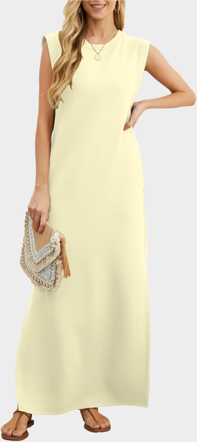 2025 Women Year-Round Casual Round Neck Loose Split Wrinkle-Free Long Maxi Vacation Dress with Pockets
