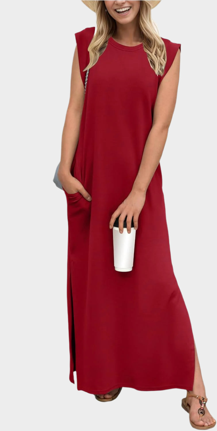 2025 Women Year-Round Casual Round Neck Loose Split Wrinkle-Free Long Maxi Vacation Dress with Pockets