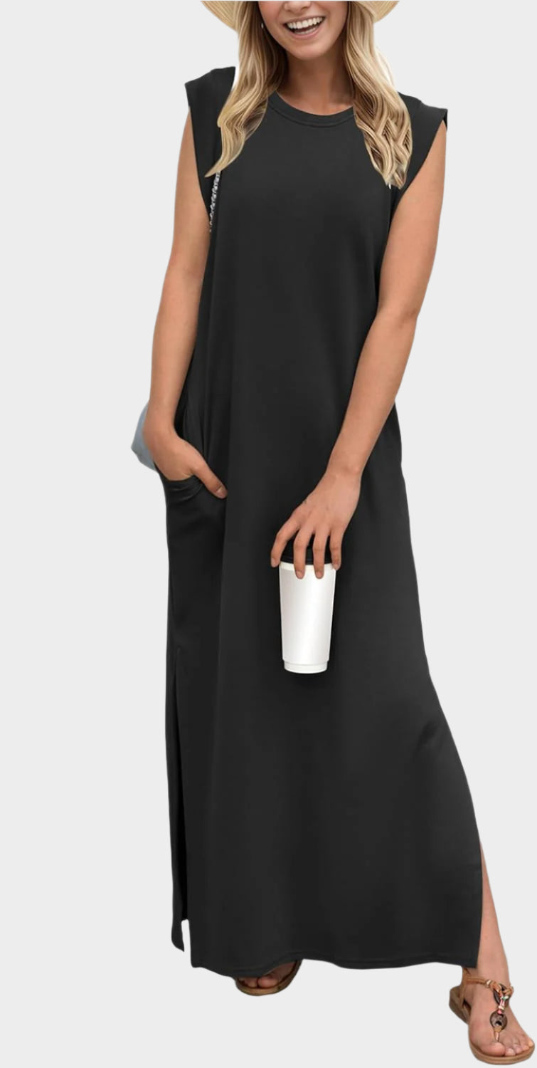 2025 Women Year-Round Casual Round Neck Loose Split Wrinkle-Free Long Maxi Vacation Dress with Pockets