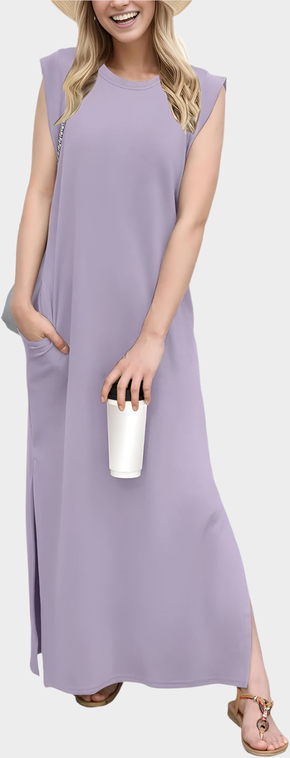 2025 Women Year-Round Casual Round Neck Loose Split Wrinkle-Free Long Maxi Vacation Dress with Pockets