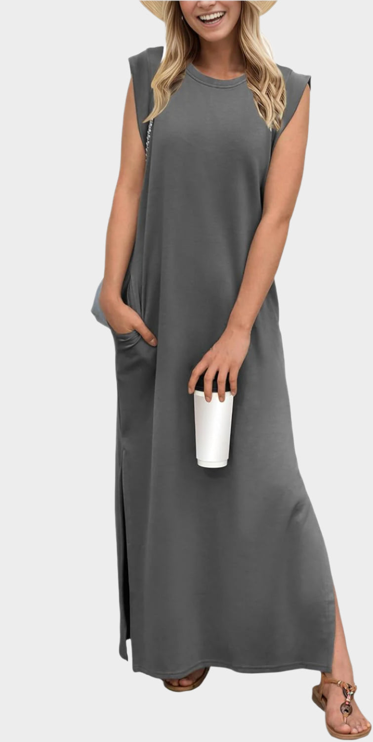 2025 Women Year-Round Casual Round Neck Loose Split Wrinkle-Free Long Maxi Vacation Dress with Pockets